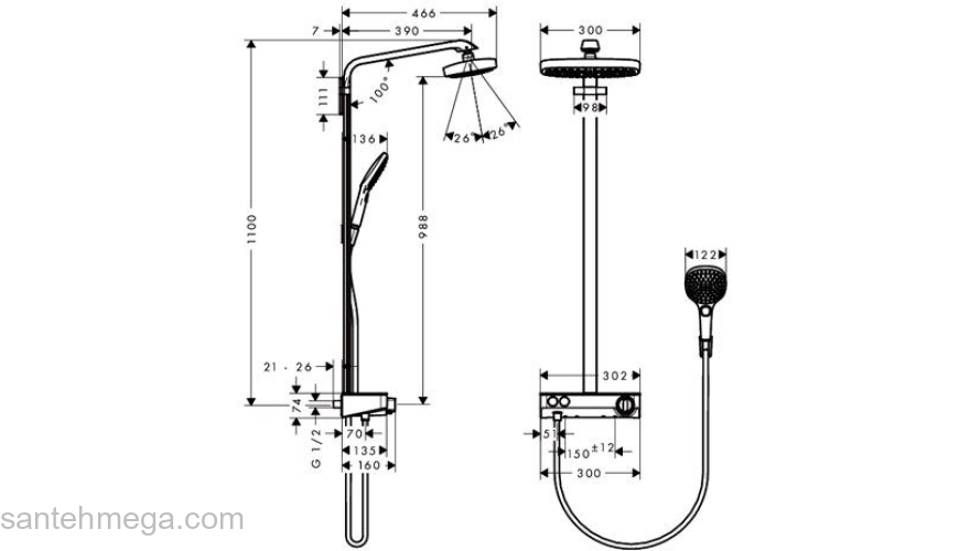 Душевая стойка Hansgrohe Raindance Select Push 300 2jet Showerpipe хром 27126000. Фото