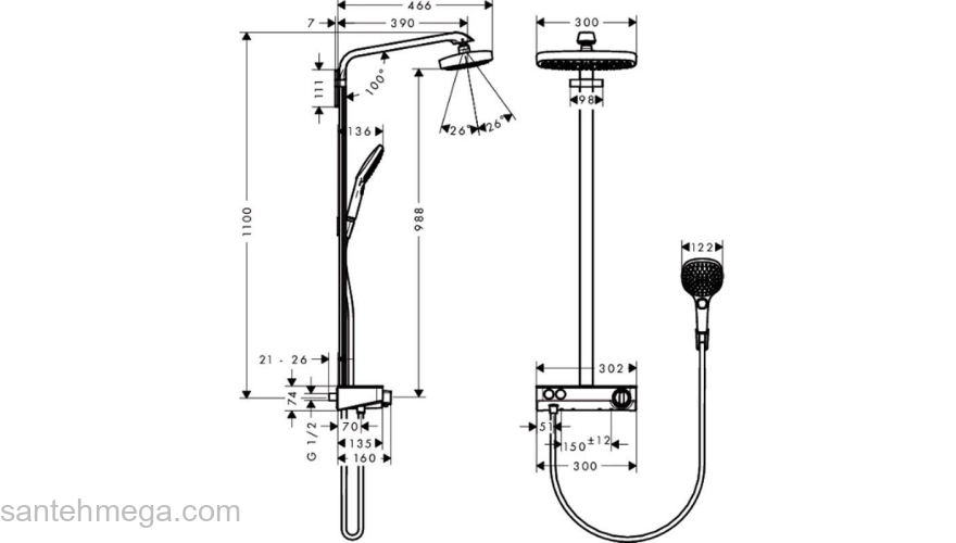 Душевая система HANSGROHE Raindance Select Showerpipe E300 2 jet 27128000. Фото