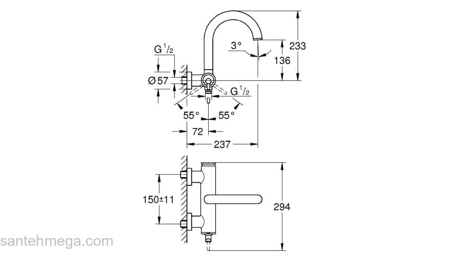 GROHE 32652003 Atrio New Смеситель однорычажный для ванны, настенный монтаж. Фото