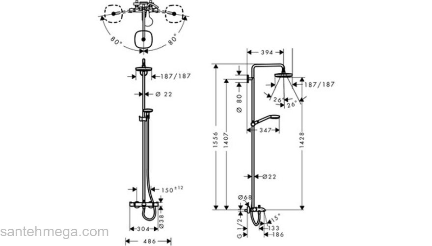 Душевая стойка Hansgrohe Croma Select E 180 2jet Showerpipe 27352400. Фото