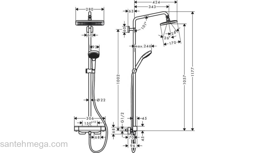 Душевая система Hansgrohe Croma E Showerpipe 280 1jet 27630000, хром. Фото