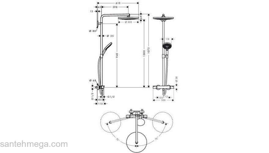 Душевая стойка Hansgrohe Raindance Select 300 2jet Showerpipe хром 27133000. Фото