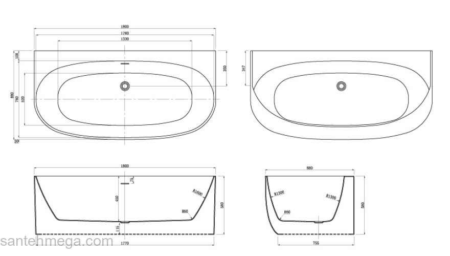 Ванна акриловая Azario Cambridge 1800X880X580, пристенная, в комплекте с сифоном и металлической рамой. Фото