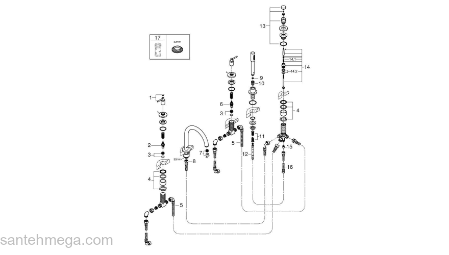 GROHE 19922AL3 Atrio New Комлект для ванны на 5 отверстий (смеситель двухвентильный, круглый излив, рукоятки-рычаги,  ручной душ, переключатель), Графит. Фото