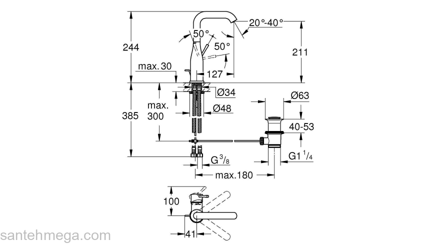 GROHE 32628EN1 Essence+ Смеситель для раковины с высоким изливом, сливной гарнитур. Фото