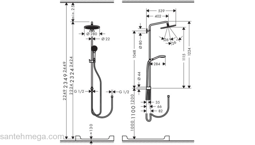 Душевая стойка Hansgrohe Croma Select 280 Air 1jet Showerpipe Reno EcoSmart 26793000. Фото