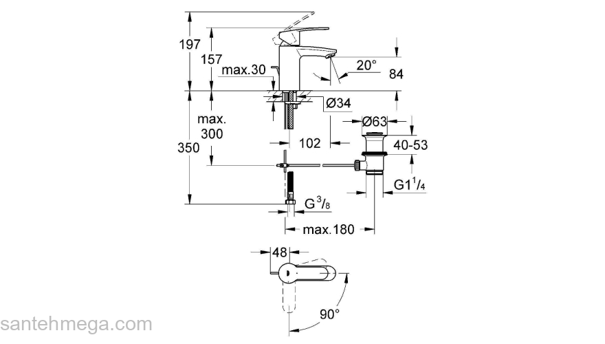 GROHE 2337420E Eurostyle Cosmopolitan Смеситель для раковины со сливным гарнитуром, с энергосберегающим картриджем - подача холодной воды при центральном положении рычага. Фото