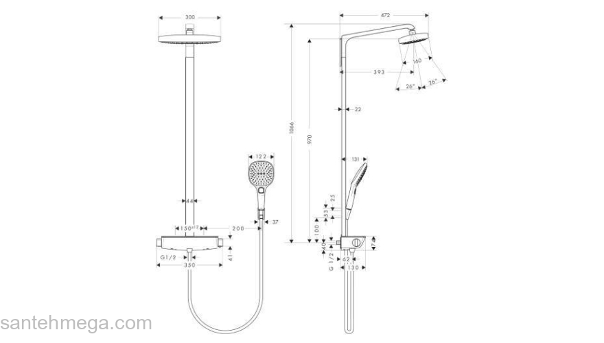 Душевая система HANSGROHE Raindance Select Showerpipe E300 2 jet 27128400. Фото