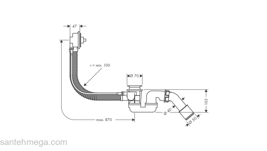 Слив-перелив для ванны Hansgrohe Flexaplus скрытая часть, для нестандартных ванн 58141180. Фото