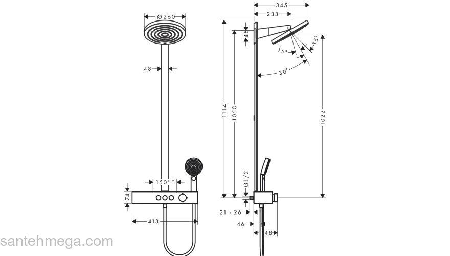 Душевая система Hansgrohe Pulsify S Showerpipe 260 2jet с термостатом для ванны 24240670, матовый черный. Фото