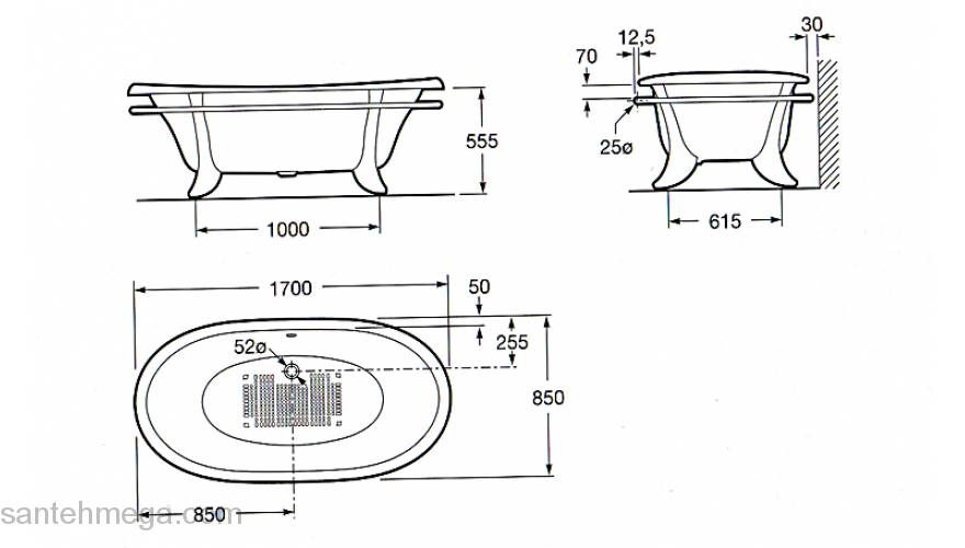 Ванна чугунная ROCA Newcast-Grey 170х85 233650000. Фото