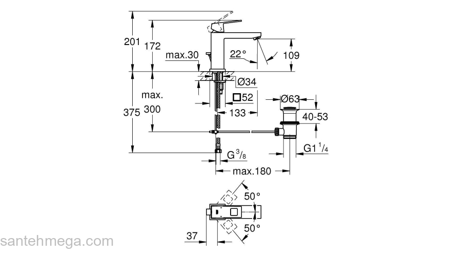 GROHE 23445000 Eurocube Смеситель однорычажный для раковины со средним изливом, сливной гарнитур. Фото