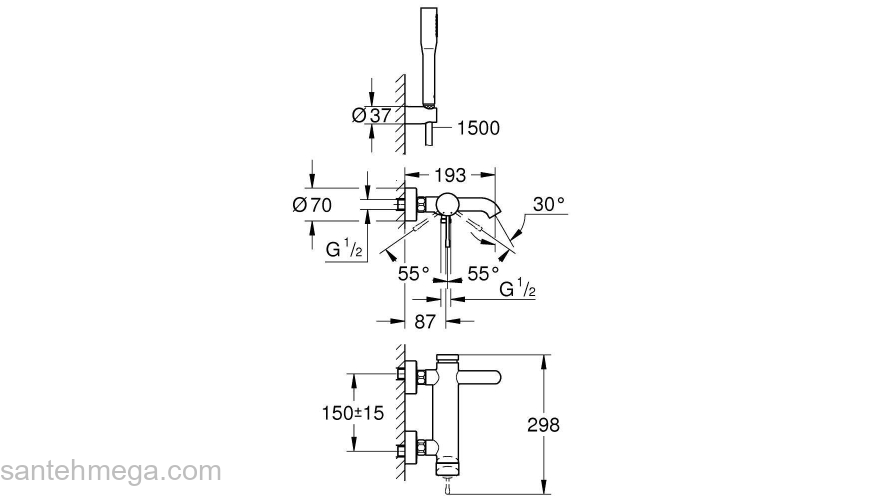 GROHE 33628001 Essence+ Смеситель однорычажный для ванны с душевым гарнитуром. Фото