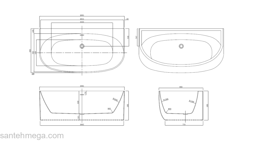 Ванна акриловая Azario CAMBRIDGE 1695х880х580, пристенная, в комплекте с сифоном и металлической рамой CAM17289. Фото