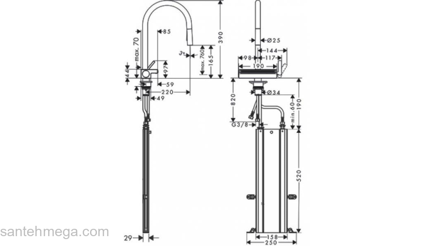 Кухонный смеситель Hansgrohe Aquno Select M81 однорычажный, 170, с вытяжным душем, 3jet, sBox 73831670, матовый черный. Фото
