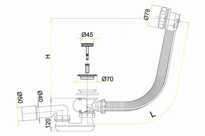 Слив-перелив ALCAPLAST A55K-80-RU-01 (80 см). Фото