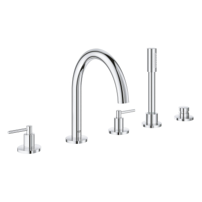 GROHE 19922003 Atrio New Комлект для ванны на 5 отверстий (смеситель двухвентильный, круглый излив, рукоятки-рычаги,  ручной душ, переключатель), может быть использован с 29 037 001. Фото