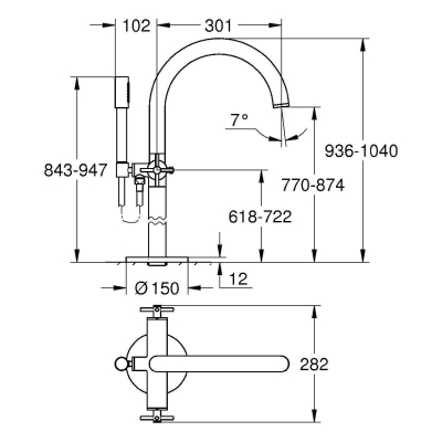 GROHE 25044AL3 Atrio New Смеситель двухвентильный для ванны свободностоящий, напольный монтаж, крестообразные ручки, ручной душ с держателем, Графит (комплект верхней монтажной части для 45 984 001). Фото