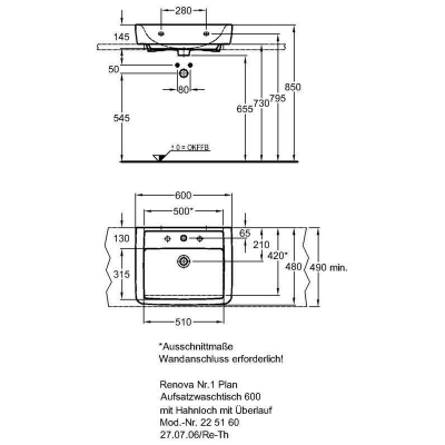 Раковина GEBERIT Renova NR.1 Plan 60x48 225160000. Фото