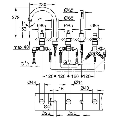 GROHE 19923DC3 Atrio New Комлект для ванны на 5 отверстий (смеситель двухвентильный, круглый излив, крестообразные ручки, ручной душ, переключатель), СуперСталь. Фото