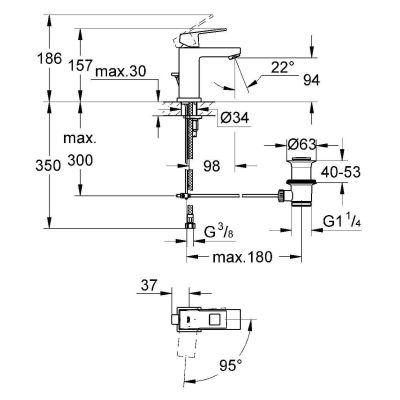 GROHE 2339000E Eurocube Смеситель однорычажный для раковины со сливным гарнитуром, с энергосберегающим картриджем - подача холодной воды при центральном положении рычага. Фото