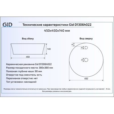 Раковина накладная GID D1306h022 44х44 53317 Черный / Золото. Фото