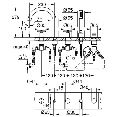 GROHE 19923AL3 Atrio New Комлект для ванны на 5 отверстий (смеситель двухвентильный, круглый излив, крестообразные ручки, ручной душ, переключатель), Графит. Фото