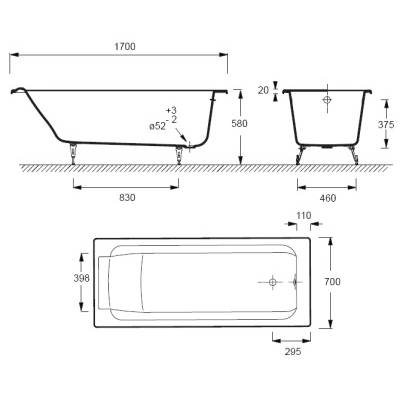 Ванна чугунная без ручек JACOB DELAFON Parallel 170х70 E2947-00. Фото