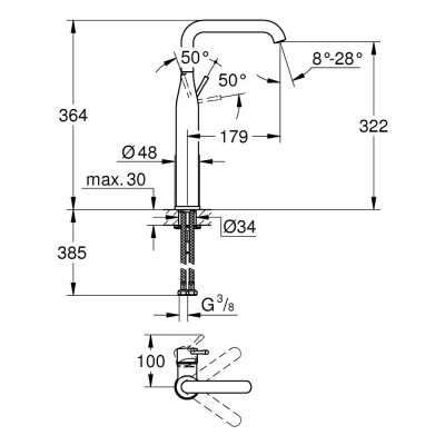 GROHE 32901GN1 Essence+ Смеситель однорычажный для свободностоящей раковины U-излив, гладкий корпус. Фото