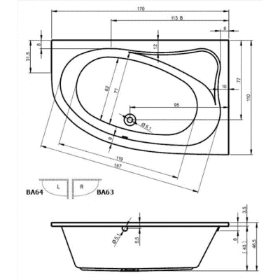 Ванна акриловая RIHO Lyra 170х110 BA64005/BA63005. Фото