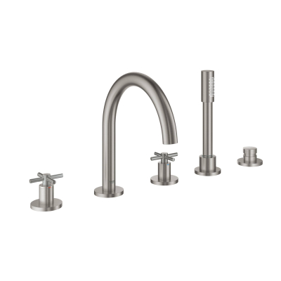 GROHE 19923DC3 Atrio New Комлект для ванны на 5 отверстий (смеситель двухвентильный, круглый излив, крестообразные ручки, ручной душ, переключатель), СуперСталь. Фото