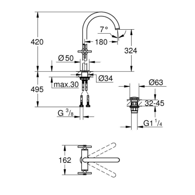 GROHE 21044003 Atrio New Смеситель двухвентильный для раковины на 1 отверстие, для свободностоящих раковин, крестобразные ручки, размер XL. Фото