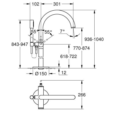 GROHE 32653AL3 Atrio New Смеситель однорычажный для ванны, напольный монтаж, ручной душ с держателем, шланг, Графит (без встроенной части, комплект верхней монтажной части для 45 984). Фото