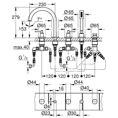 GROHE 19922DC3 Atrio New Комлект для ванны на 5 отверстий (смеситель двухвентильный, круглый излив, рукоятки-рычаги,  ручной душ, переключатель), СуперСталь. Фото