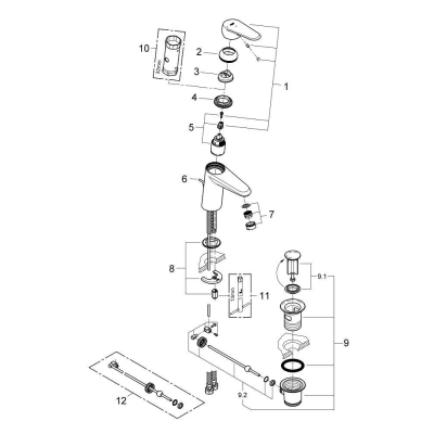 GROHE 2338420E Eurodisc Cosmopolitan Смеситель однорычажный для раковины со сливным гарнитуром, с энергосберегающим картриджом (подача холодной воды при центральном расположении рычага). Фото