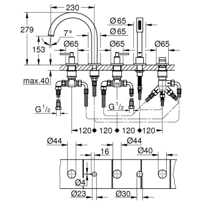 GROHE 19922AL3 Atrio New Комлект для ванны на 5 отверстий (смеситель двухвентильный, круглый излив, рукоятки-рычаги,  ручной душ, переключатель), Графит. Фото