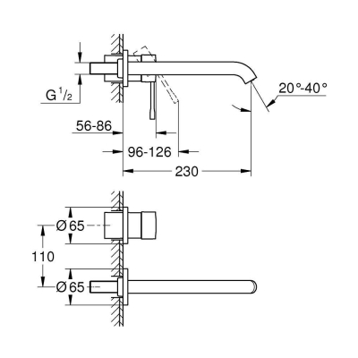 GROHE 19967A01 Essence+ Смеситель для раковины на 2 отверстия, вынос 201 мм, настенный монтаж. Фото