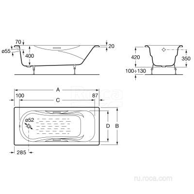 Ванна чугунная  ROCA Malibu 170х70 233360000. Фото