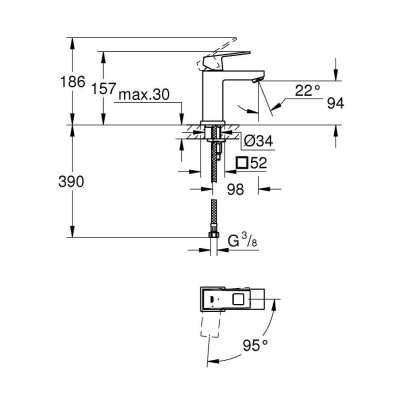 GROHE 2339200E Eurocube Смеситель однорычажный для раковины, гладкий корпус, с энергосберегающим картриджем - подача холодной воды при центральном положении рычага. Фото