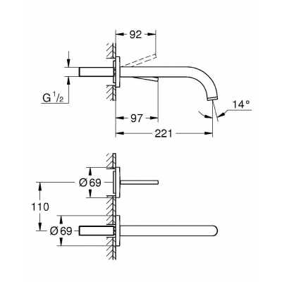 GROHE 19918003 Atrio New Joy Смеситель для раковины на 2 отверстия, настенный монтаж, вынос 221 мм, размер S (без встроенной части, комплект верхней монтажной части для 23 429 000). Фото