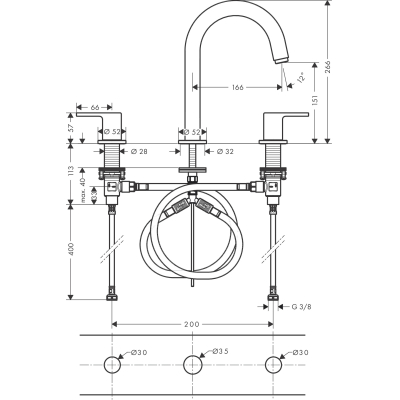 Смеситель для раковины на 3 отверстия, со сливным гарнитуром Hansgrohe Vernis Shape 71563670, матовый черный. Фото