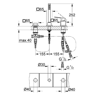 GROHE 19966000 Eurocube Смеситель однорычажный для ванны на три отверстия. Фото