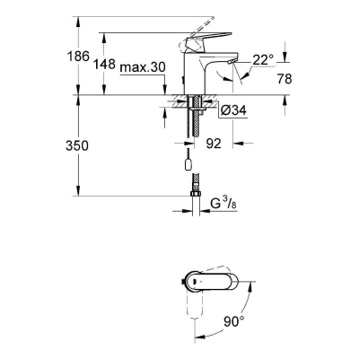 GROHE 2337800e Eurosmart Cosmopolitan Смеситель однорычажный для раковины с цепочкой, с энергосберегающим картриджем - подача холодной воды при центральном положении рычага. Фото