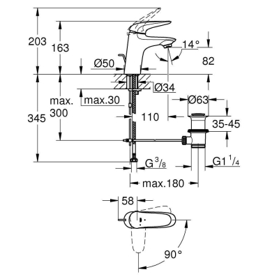Eurostyle 2015 Solid Смеситель для раковины со сливным гарнитуром, S-Size, с GROHE 23709LS3 SilkMove® ES с энергосберегающей функцией (подача холодной воды при центральном положении рычага). Фото
