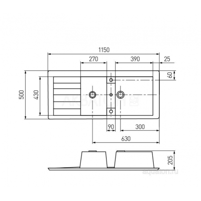 Мойка для кухни Акватон Торина прямоугольная с крылом и дополнительной чашей серый шелк 1A712032TR250. Фото
