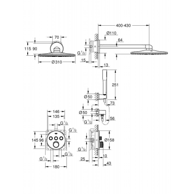 GROHE 34705000 Grohtherm SmartControl Набор для комплектации душа со встраиваемым термостатом с 3 кнопками управления, верхним душем Rainshower 310 (круглый), душевым кронштейном 400 мм, ручным душем Euphoria Cosmopolitan Stick. Фото