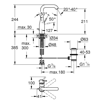 GROHE 32628EN1 Essence+ Смеситель для раковины с высоким изливом, сливной гарнитур. Фото