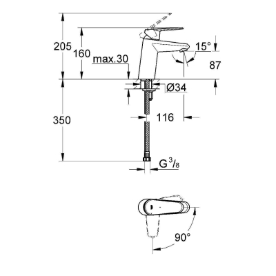 GROHE 2338220E Eurodisc Cosmopolitan Смеситель однорычажный, гладкий корпус, с энергосберегающим картриджом (подача холодной воды при центральном расположении рычага). Фото