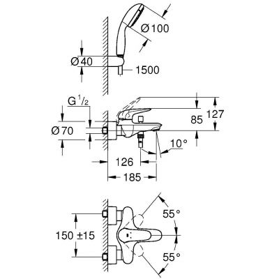 GROHE 2372930A Eurostyle 2015 Solid Смеситель для ванны с душевым набором. Фото