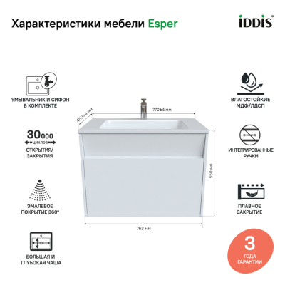 Тумба с умывальником подвесная с ящиком белая 80 см Esper IDDIS ESP80W0i95K. Фото